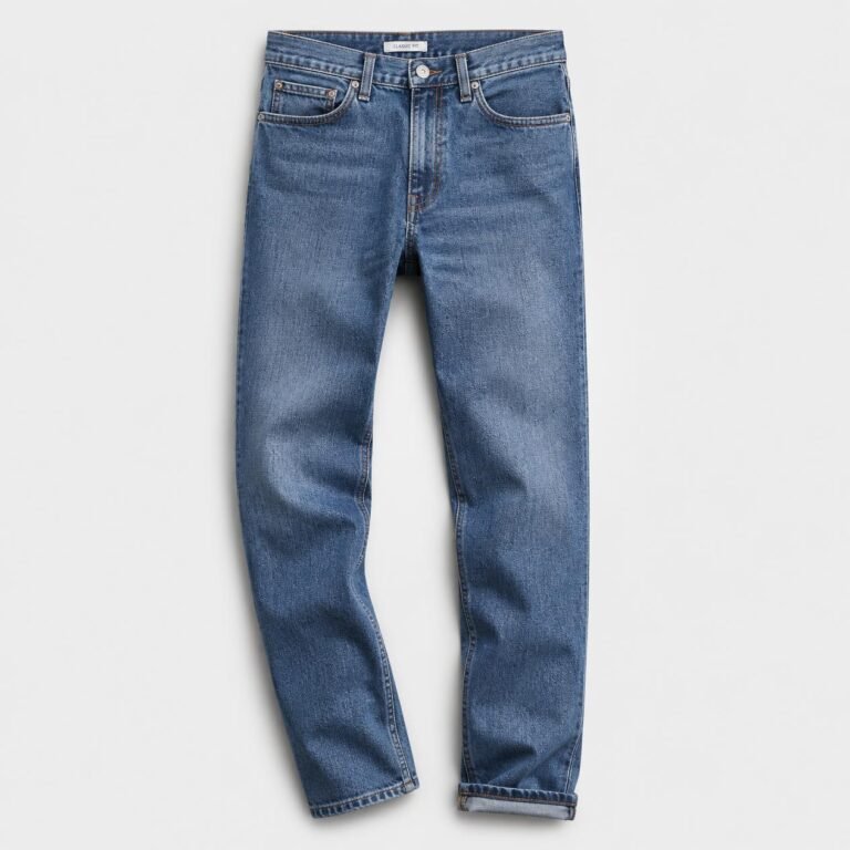 High-quality fashion product photo of classic blue denim jeans, neatly styled and clearly visible, clean studio background, soft professional lighting, realistic commercial photography